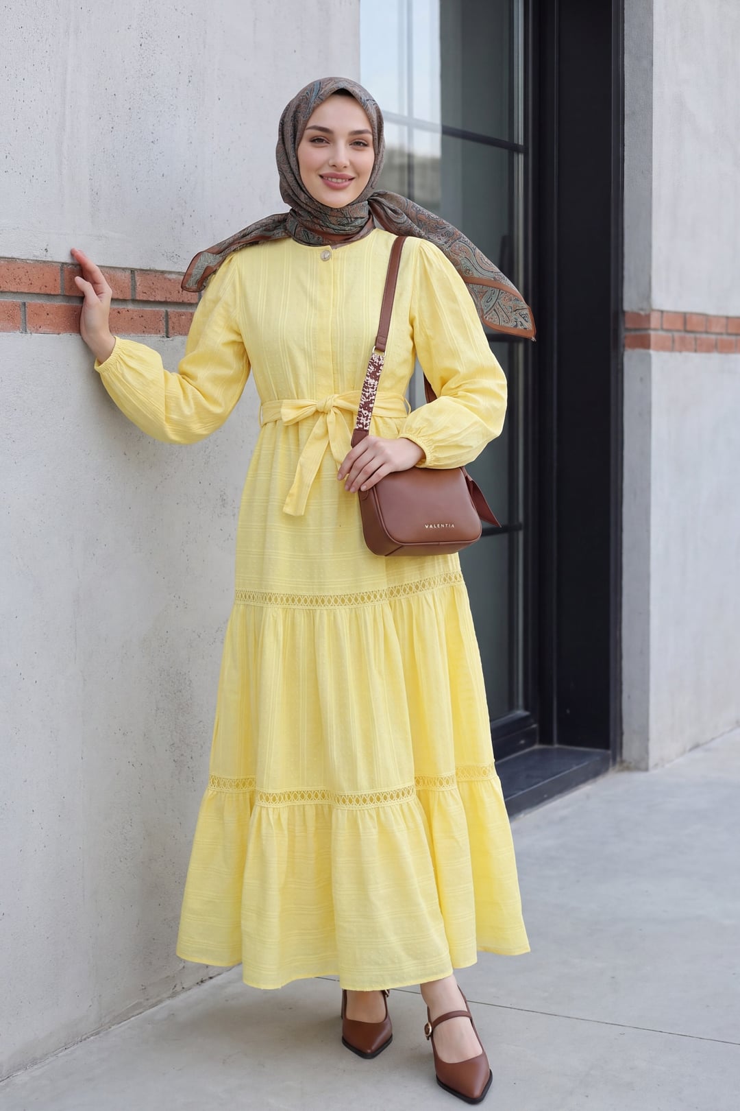 Yellow Ruffled Lace Trim Dress with Tie Belt - Podyumplus - by Peralane