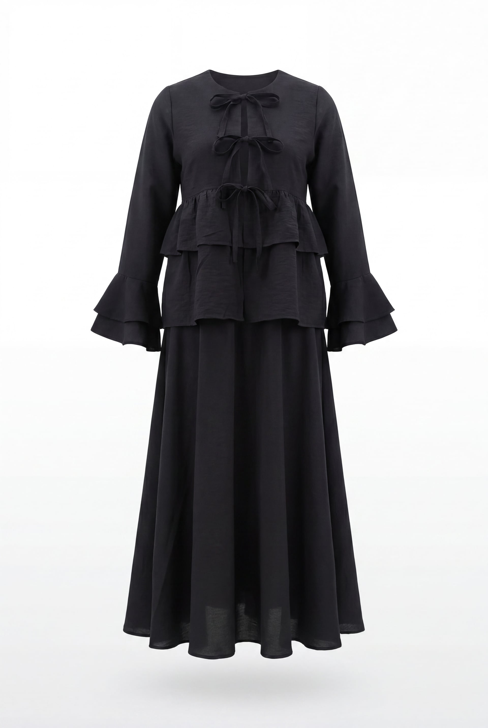 Women's Black Ruffled Kimono Set with Skirt and Flared Sleeves - Podyumplus - by Peralane - photo 6