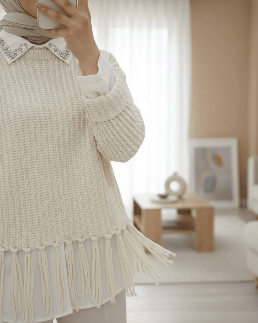 Fringe Hem Chunky Knit Tunic Sweater - Stone - Podyumplus - by Peralane - photo 2