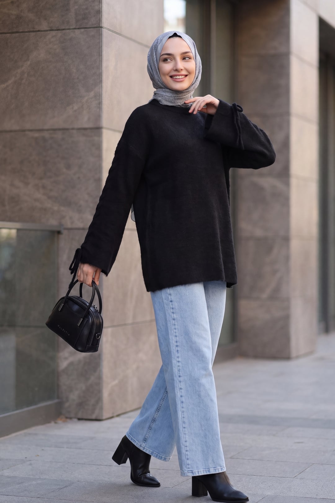 Women's Black Crew Neck Braided Sleeve Textured Knit Tunic - Podyumplus - by Peralane - photo 4