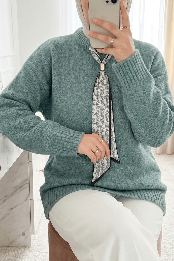 Soft-touch Knit Sweater with Scarf - Mint Green - Podyumplus - by Peralane