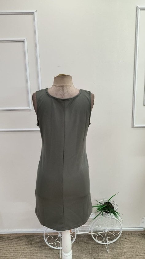 Women's Sleeveless V-Neck Olive Green Dress with Striped Straps - Janes - by Peralane - photo 5