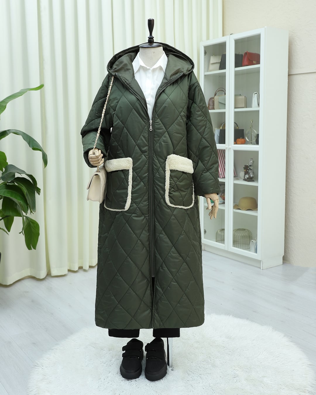 Long Quilted Hooded Coat with Pockets - Olive Green - Podyumplus - by Peralane - photo 3