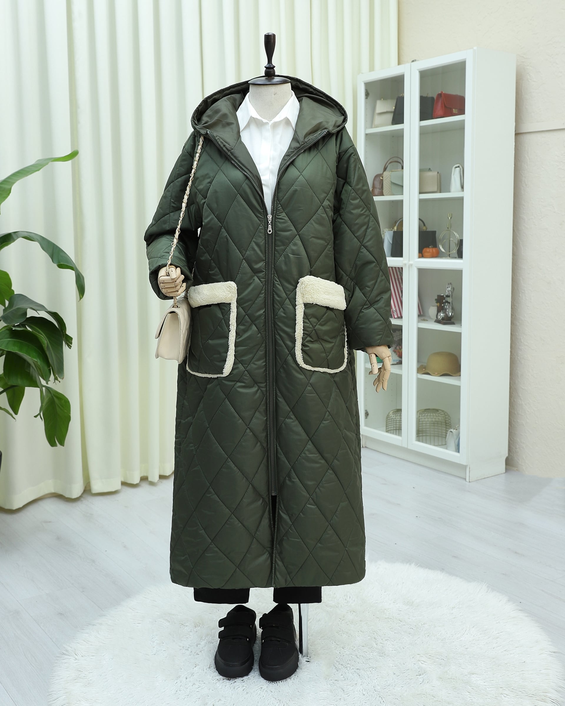 Long Quilted Hooded Coat with Pockets - Olive Green - Podyumplus - by Peralane - photo 3