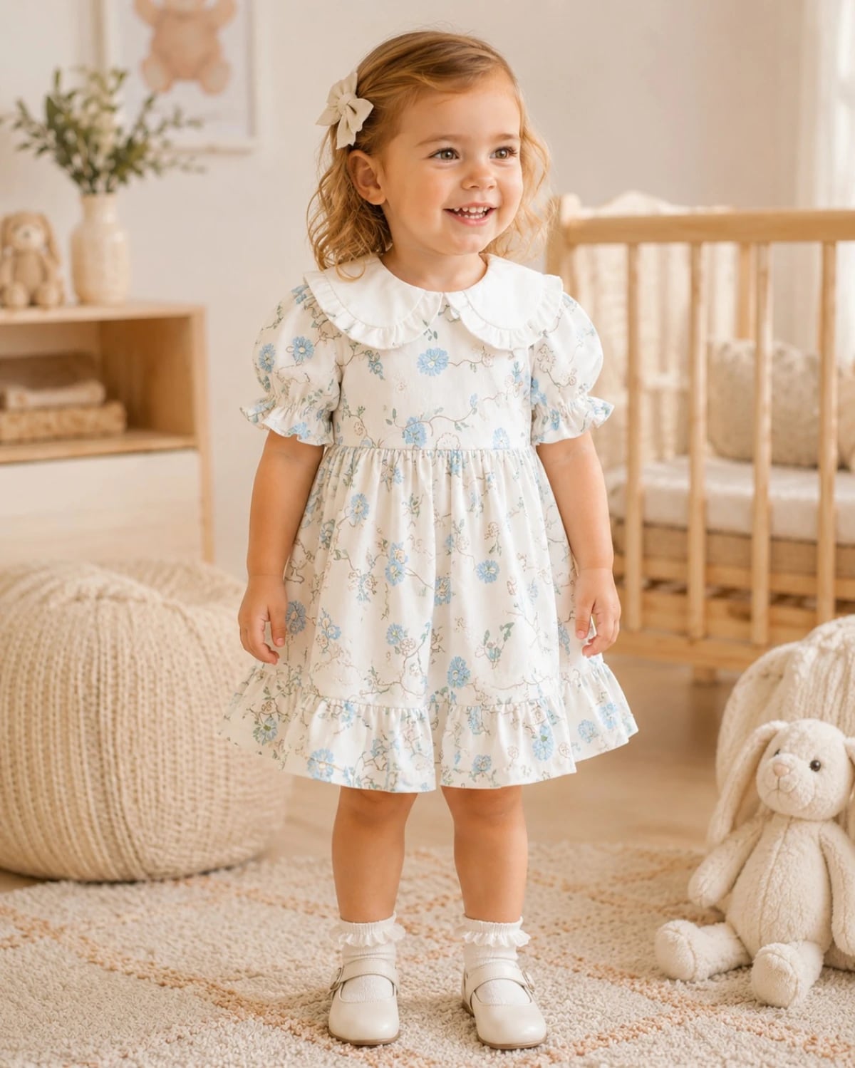 Girls' Floral Cotton Dress with Ruffled Hem - White and Blue Print - Has Bereket - by Peralane