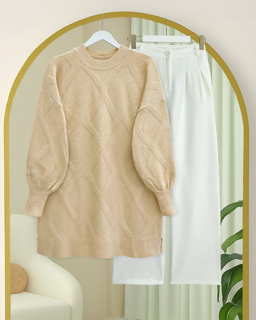 Diamond Pattern Soft Knit Tunic - Light Beige - Podyumplus - by Peralane - photo 6