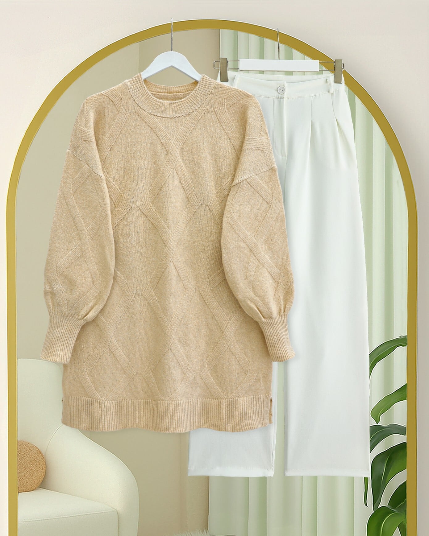 Diamond Pattern Soft Knit Tunic - Light Beige - Podyumplus - by Peralane - photo 6