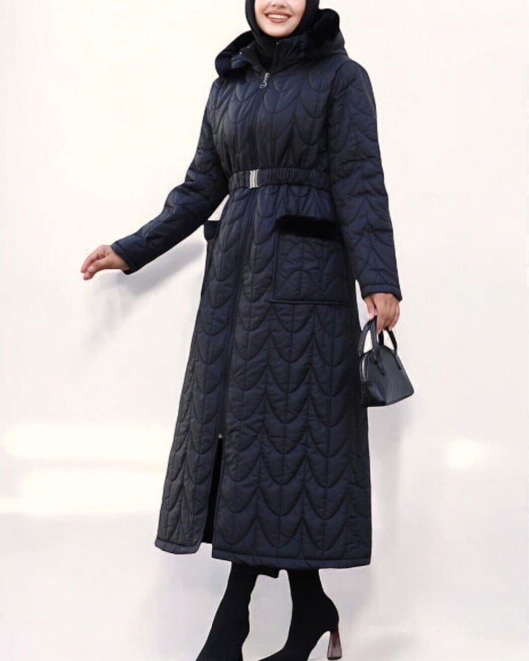 Quilted Long Coat with Hood and Faux Fur Trim - Black - Podyumplus - by Peralane - photo 3