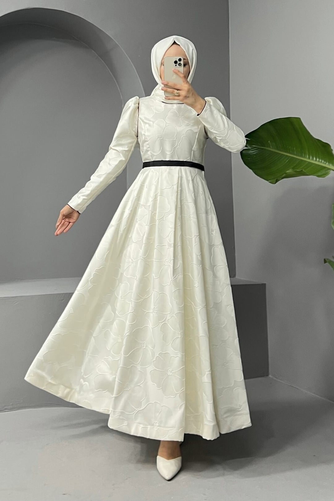 White Belted Balloon Skirt Cold Print Kaftan Evening Dress - Podyumplus - by Peralane - photo 4