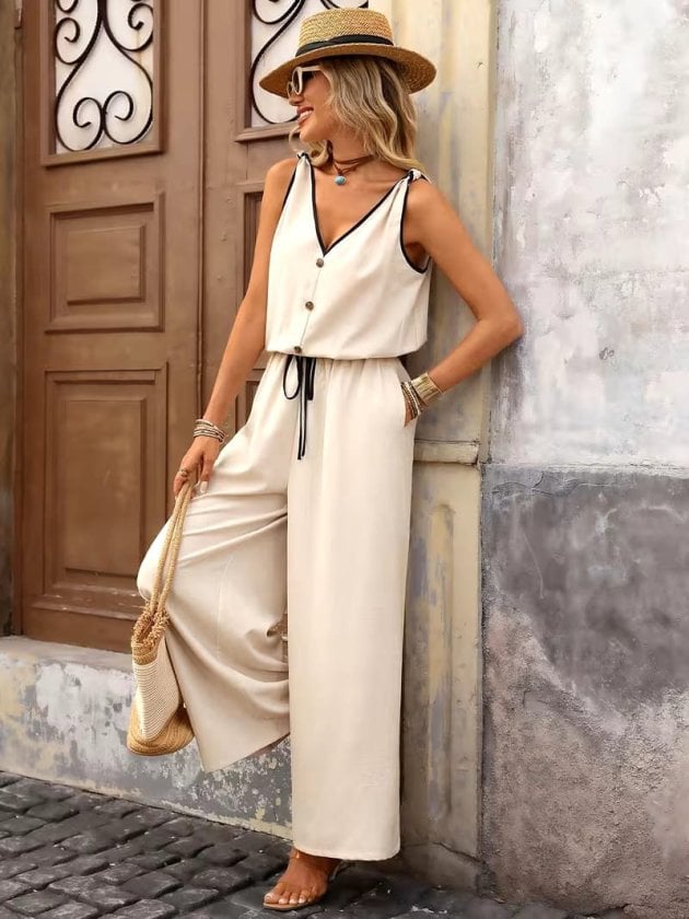 Women's Tie-Strap V-Neck Tie-Waist Jumpsuit in Cream with Black Trim - Janes - by Peralane