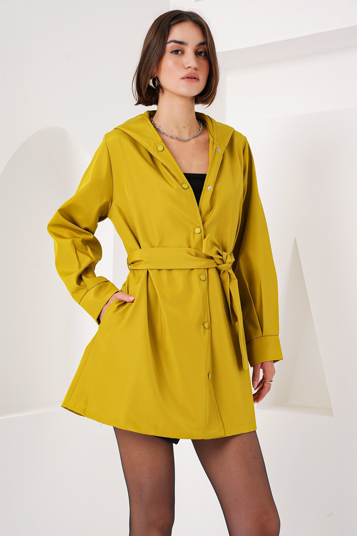 Hooded Trench Coat in Mustard Yellow for Women - Bigdart - by Peralane - photo 3