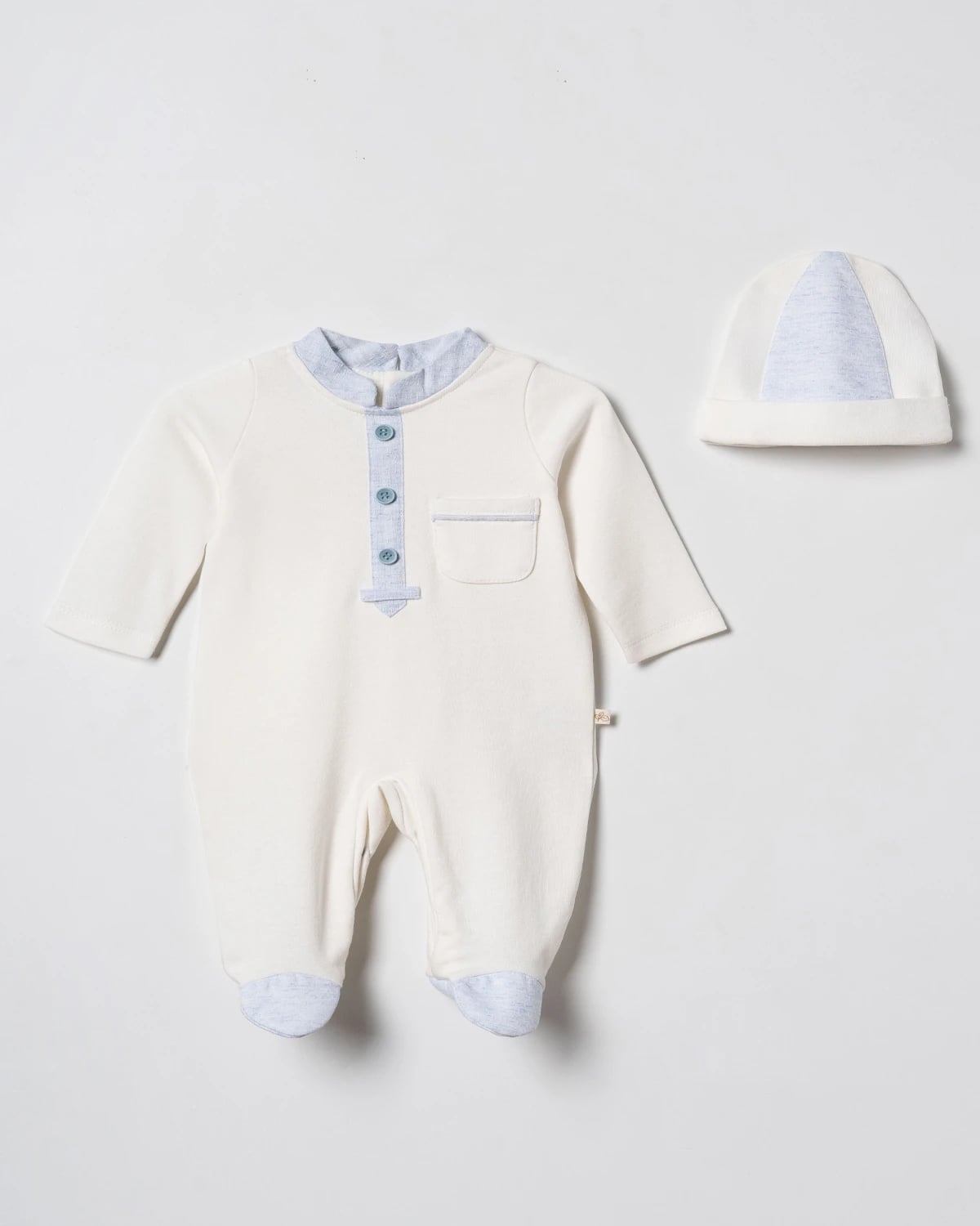 Baby Romper and Hat Set - Cream with Light Blue Trim - Ciccimbaby - by Peralane