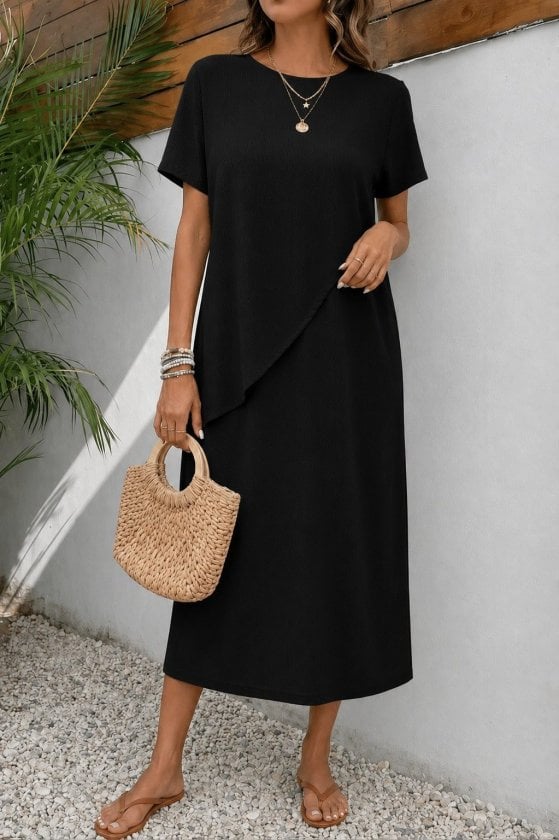 Women's Short-Sleeved Round Neck Asymmetric Cut Long Crepe Dress in Black - Janes - by Peralane