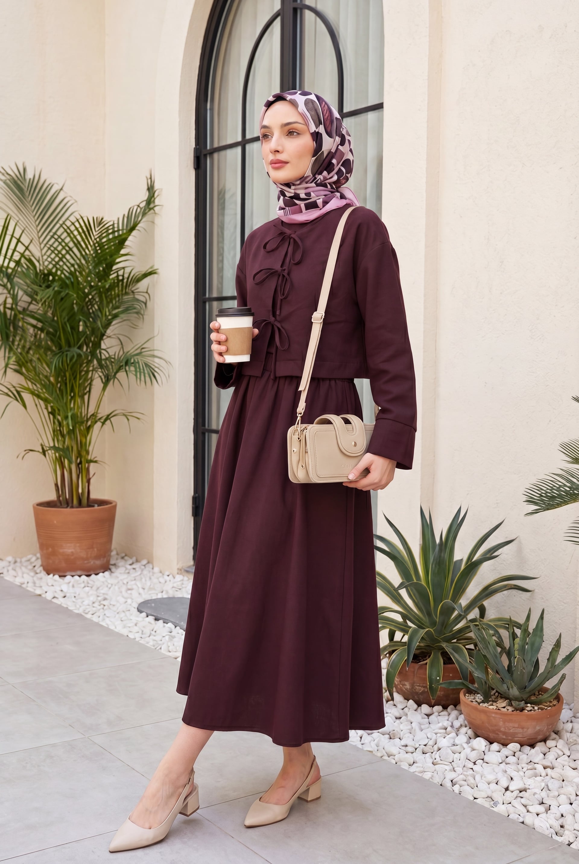 Front Lace-Up Waistband Elasticated Skirt Two-Piece Set in Dark Brown - Podyumplus - by Peralane - photo 3