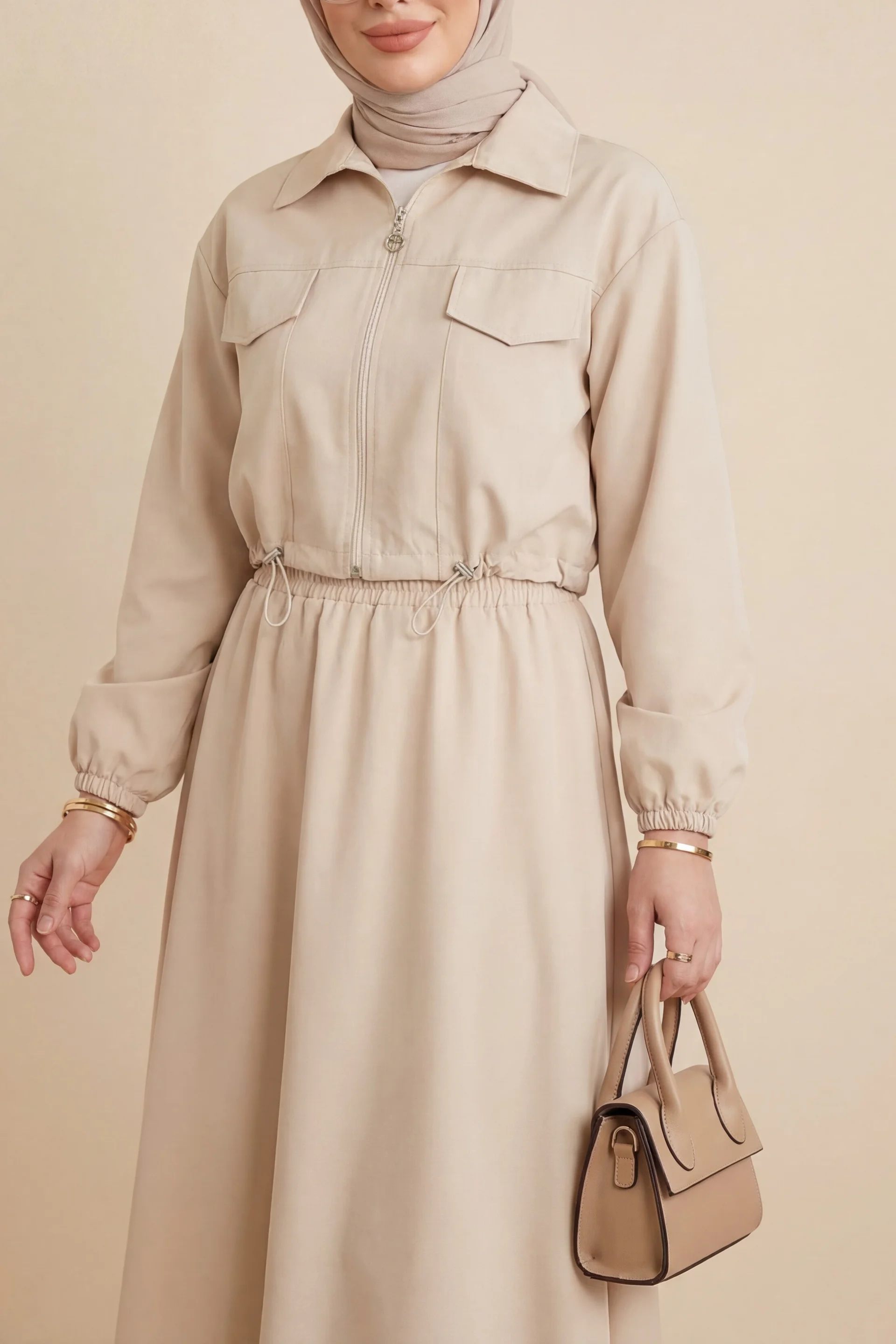 Beige Bonded Two-Piece Set with Elastic Waist Skirt - Podyumplus - by Peralane - photo 2