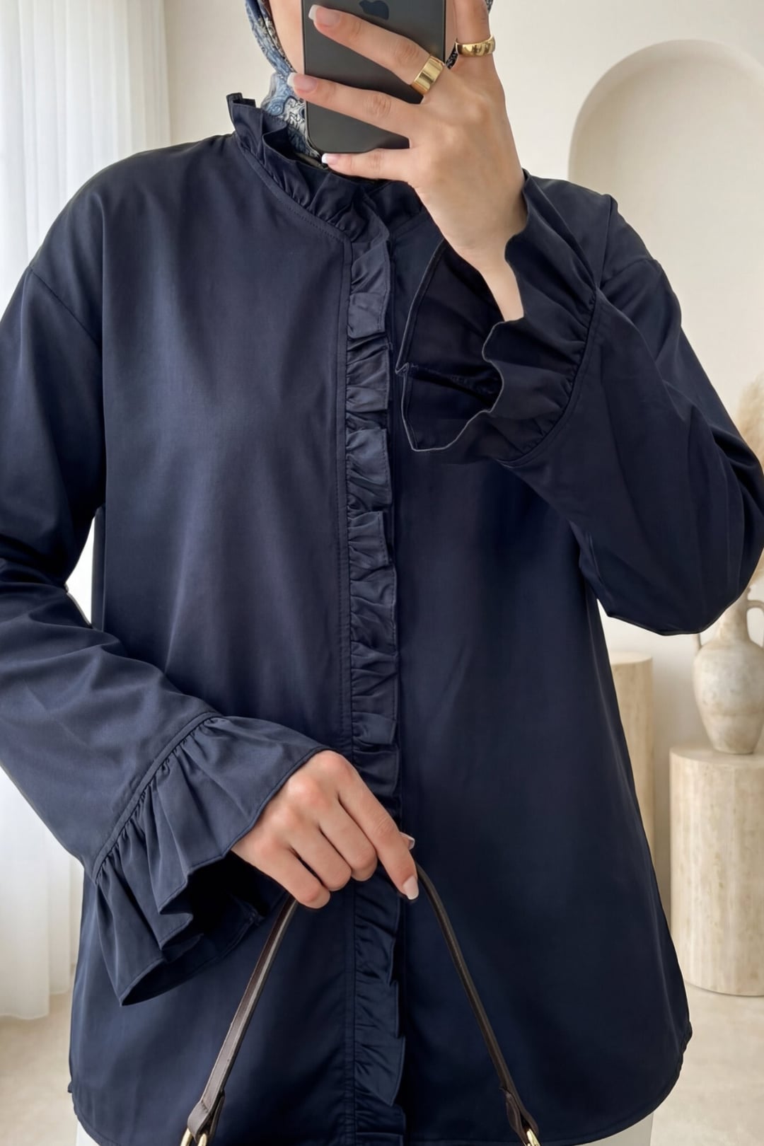 Navy Blue Frill Front Long Back Blouse - Podyumplus - by Peralane - photo 3