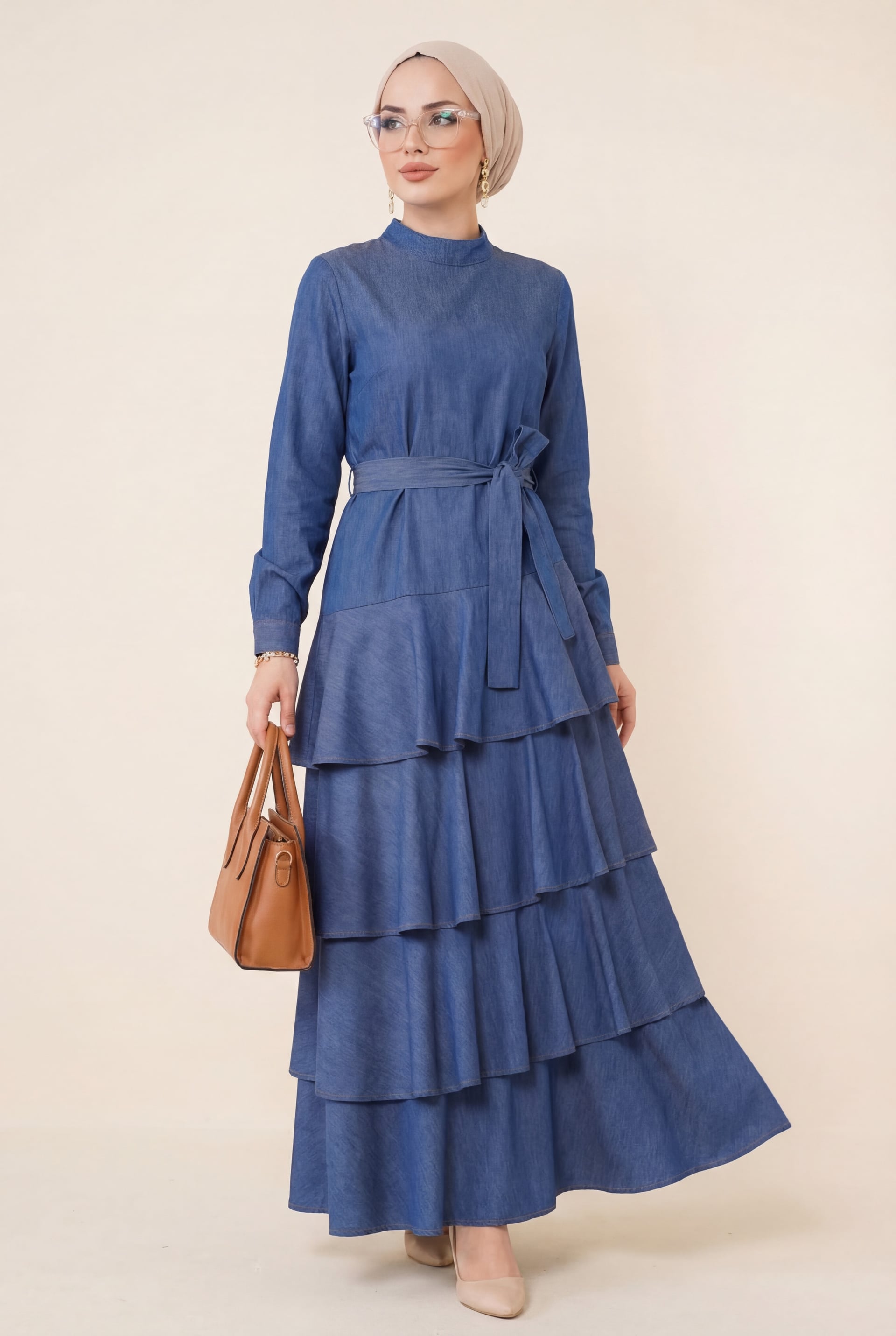 Layered Tiered Denim-Look Belted Dress - Indigo - Podyumplus - by Peralane