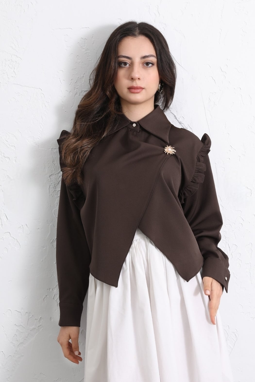 Ruffled Shoulder Wrap Crepe Blouse with Brooch - Brown - Podyumplus - by Peralane - photo 5