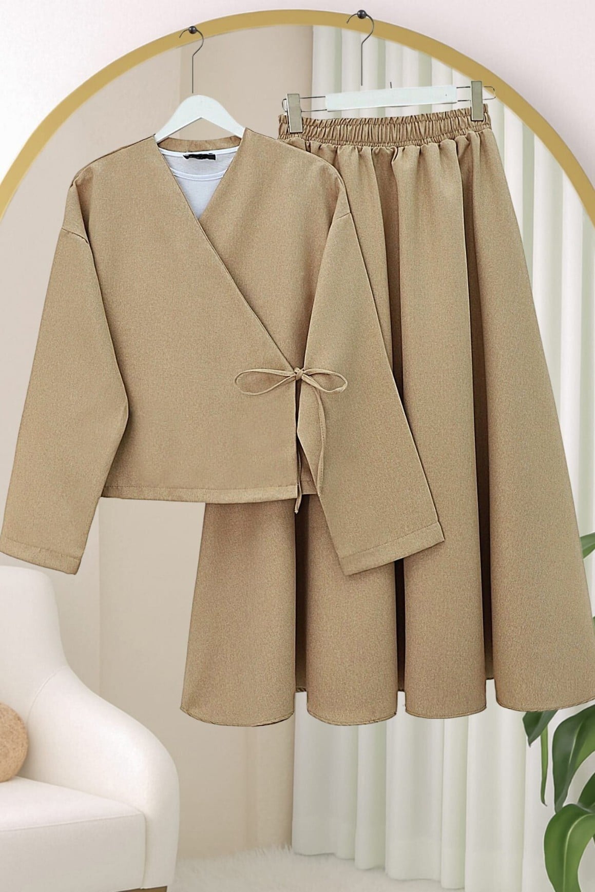 Women's Lace-Up Front Skirted Wool Effect Winter Co-ord Set - Mink - Podyumplus - by Peralane - photo 4