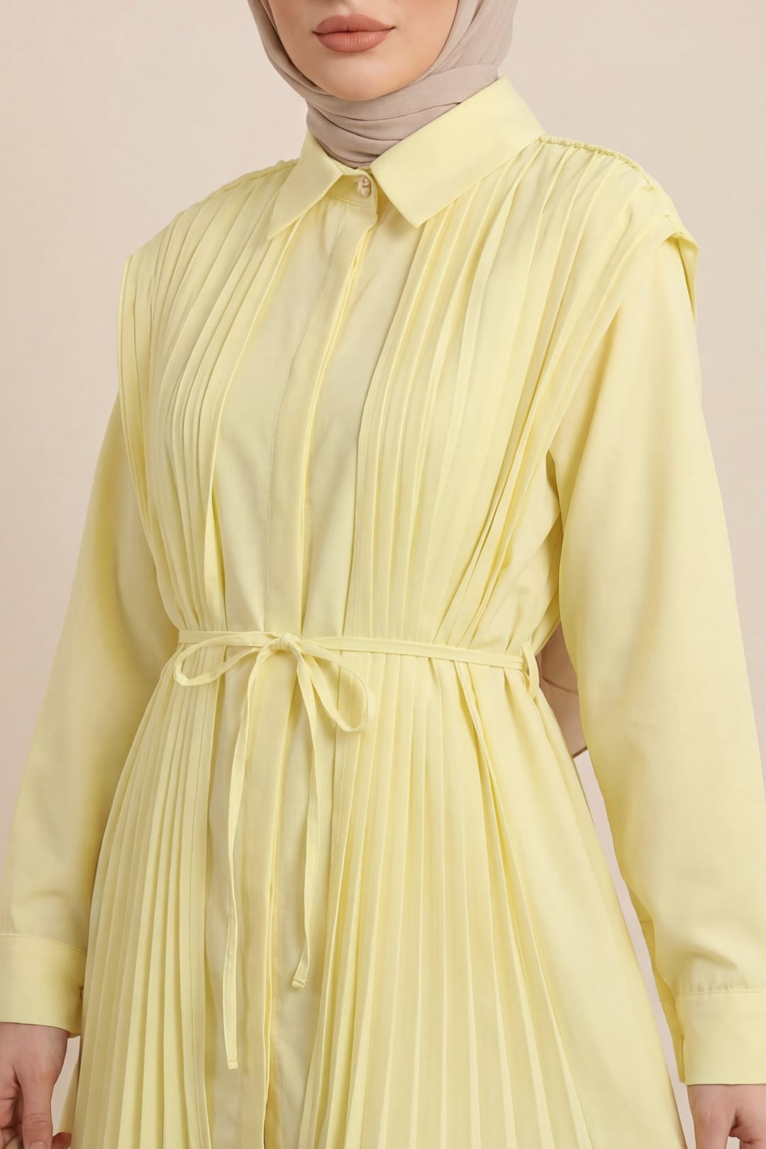 Pleated Front and Back Hidden Button Poplin Tunic Shirt - Yellow - Podyumplus - by Peralane - photo 3