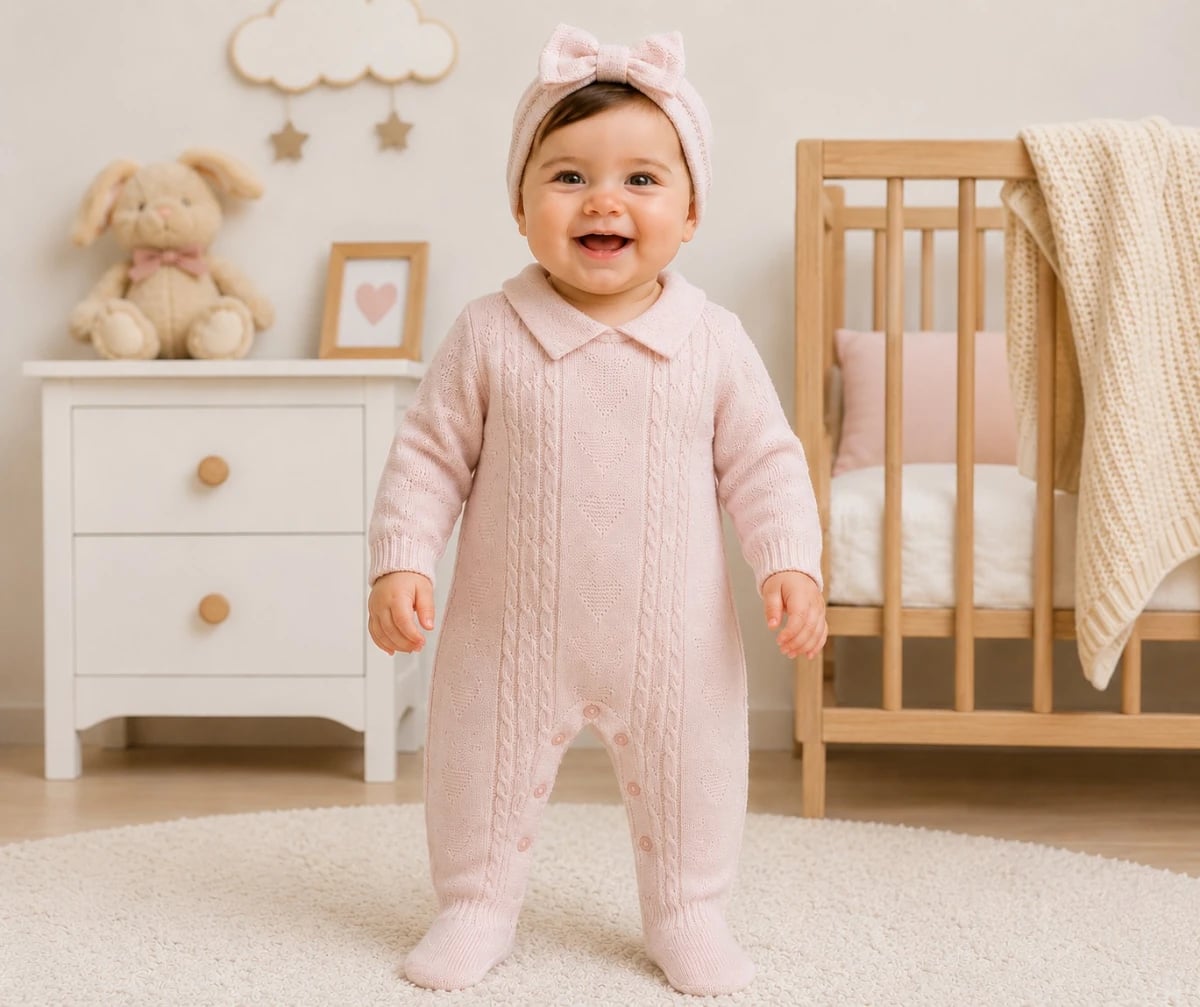 Knitted Baby Romper and Headband Set - Pale Pink - Has Bereket - by Peralane