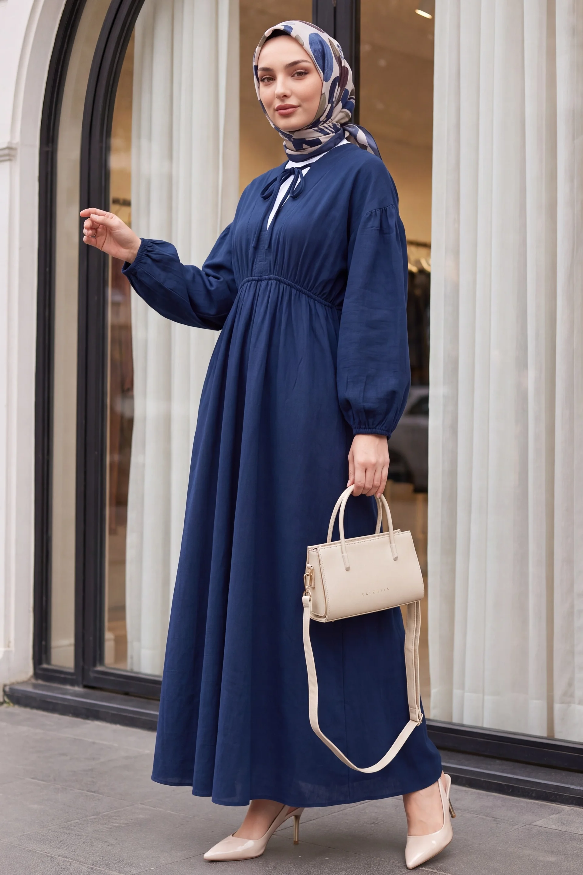 Navy Blue Tie-Front Long-Sleeve Muslin Midi Dress with Elasticated Waist - Podyumplus - by Peralane - photo 7