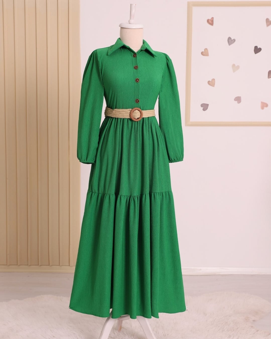 Green Long-Sleeved Midi Dress with Belt - Podyumplus - by Peralane - photo 4