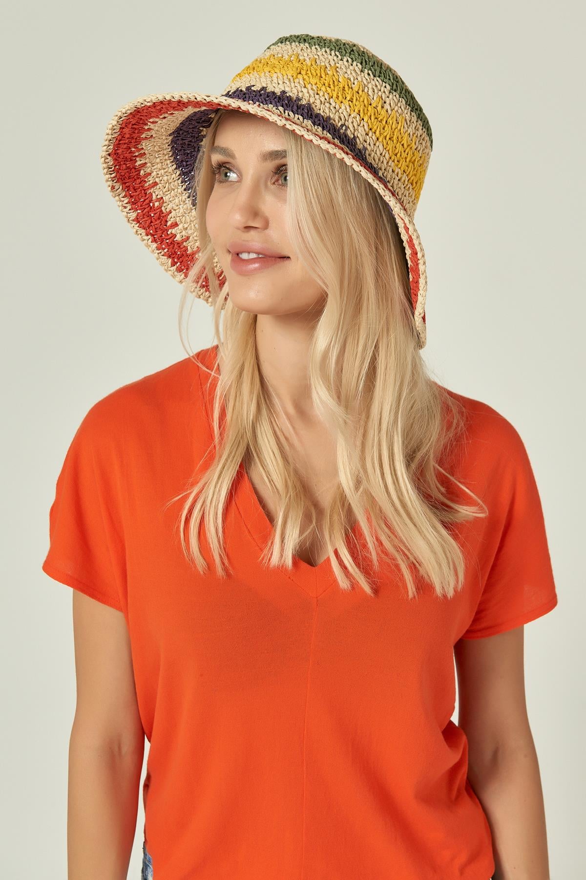 Braided Straw Bucket Hat with Colourful Stripes for Women - Nesvay - by Peralane - photo 3