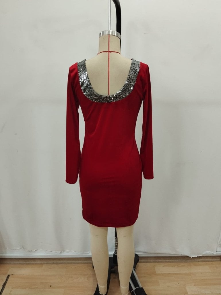 Women's Long-Sleeve Round Neck Mini Velvet Dress with Rhinestone Details - Janes - by Peralane - photo 5