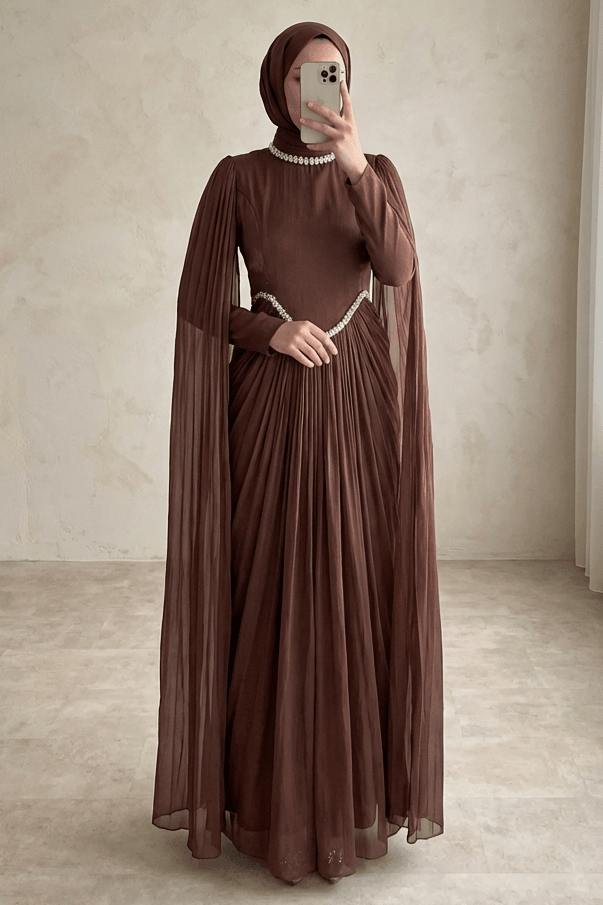 Rhinestone Collar and Belt Cape Detail Lame Evening Dress - Podyumplus - by Peralane