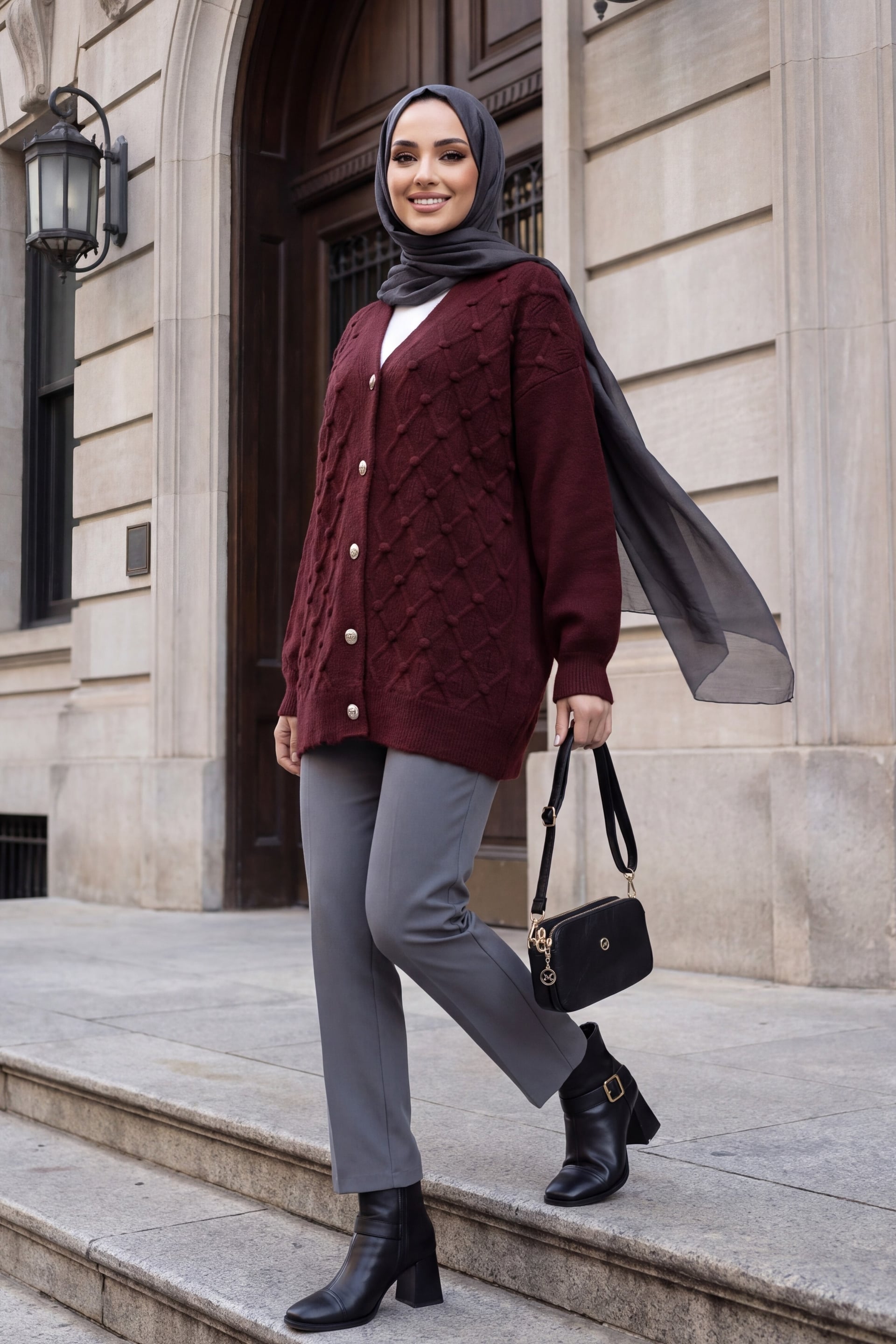 Women's Maroon Knit Cardigan with Raised Bobble Details - Podyumplus - by Peralane - photo 2