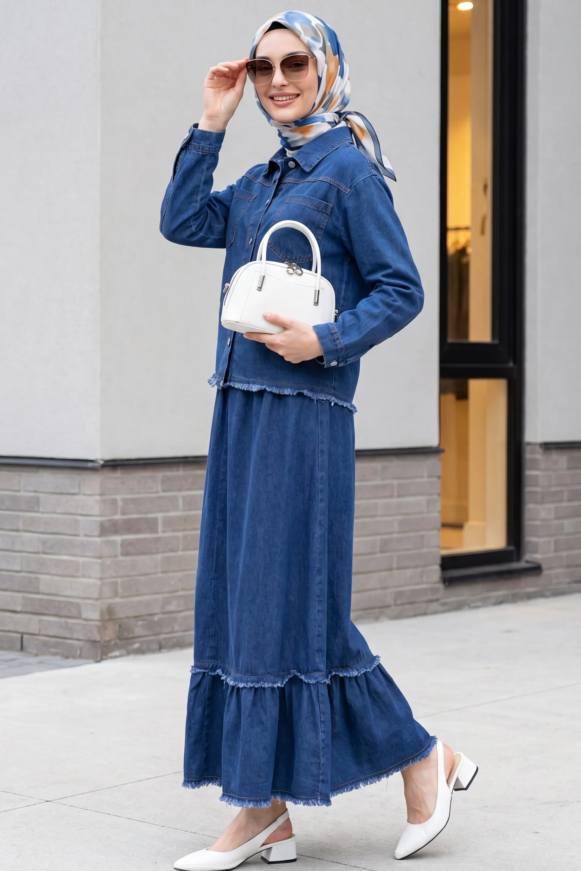 Women's Denim Shirt Collar Button-Front Jacket and Tiered Ruffle Skirt Set - Indigo - Podyumplus - by Peralane - photo 3