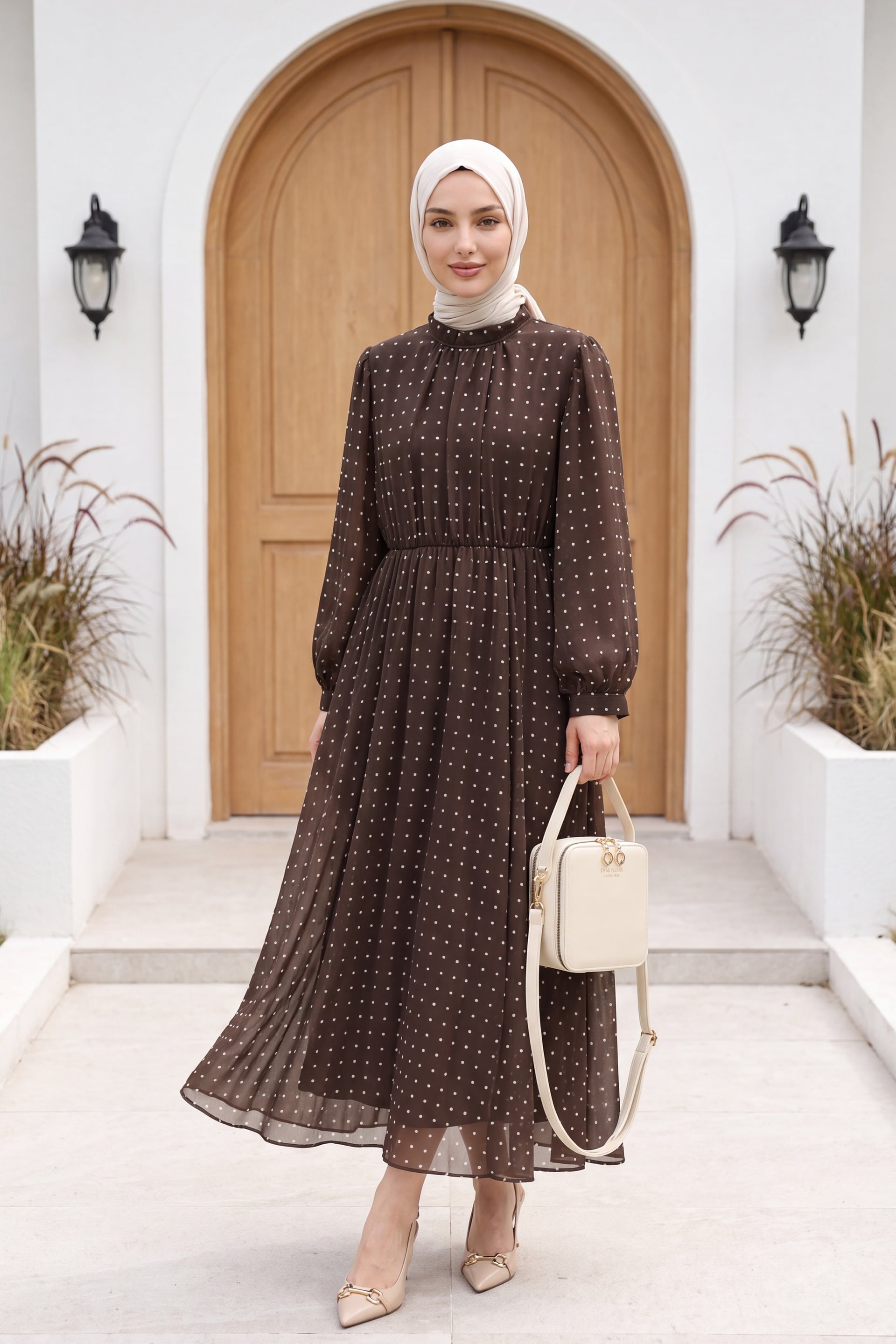 Lined Elastic Waist Polka Dot Long Chiffon Dress - Brown - Podyumplus - by Peralane - photo 3