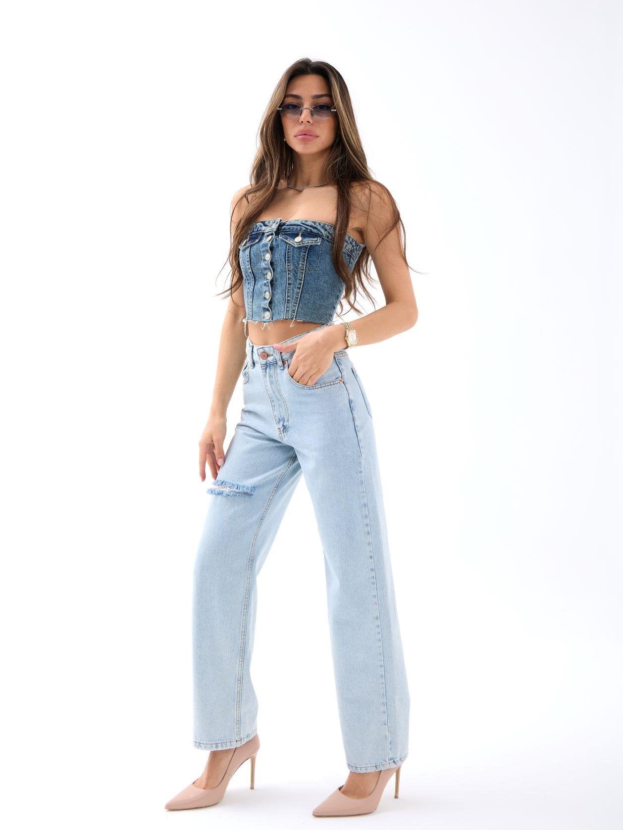 Women's Light Blue Denim Co-ord Set - Strapless Top and Wide Leg Jeans - Fame - by Peralane