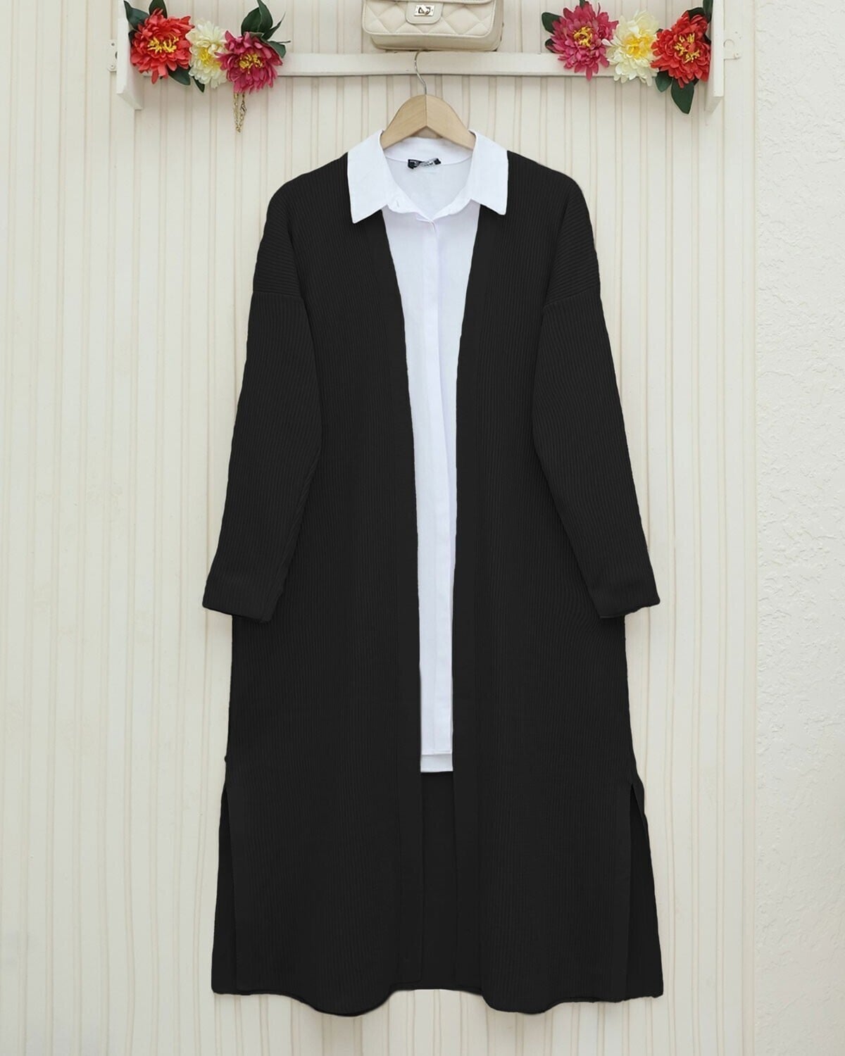 Long Ribbed Knit Cardigan with Side Slits - Black - Podyumplus - by Peralane - photo 5