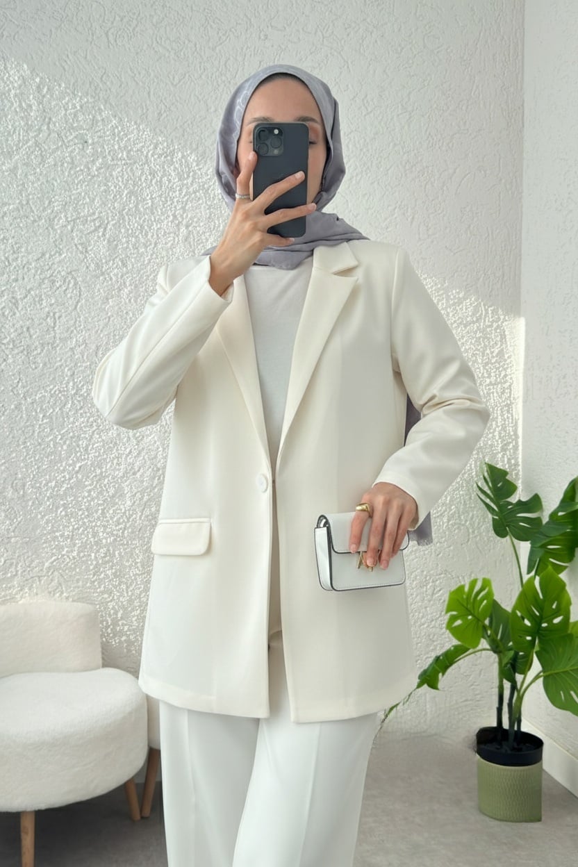 Cream Single-Button Stretch Blazer with Pockets - Podyumplus - by Peralane - photo 6