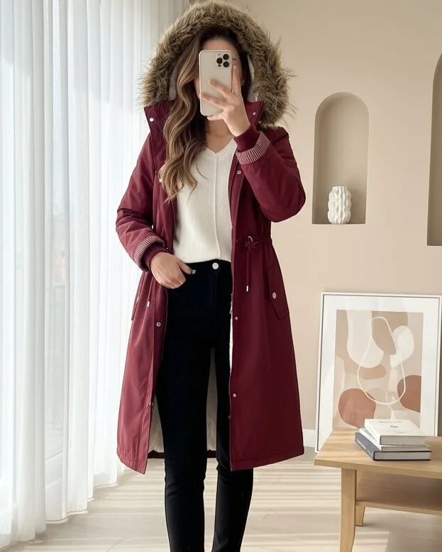 Long Women's Bonded Faux Fur Hooded Coat - Maroon - Podyumplus - by Peralane