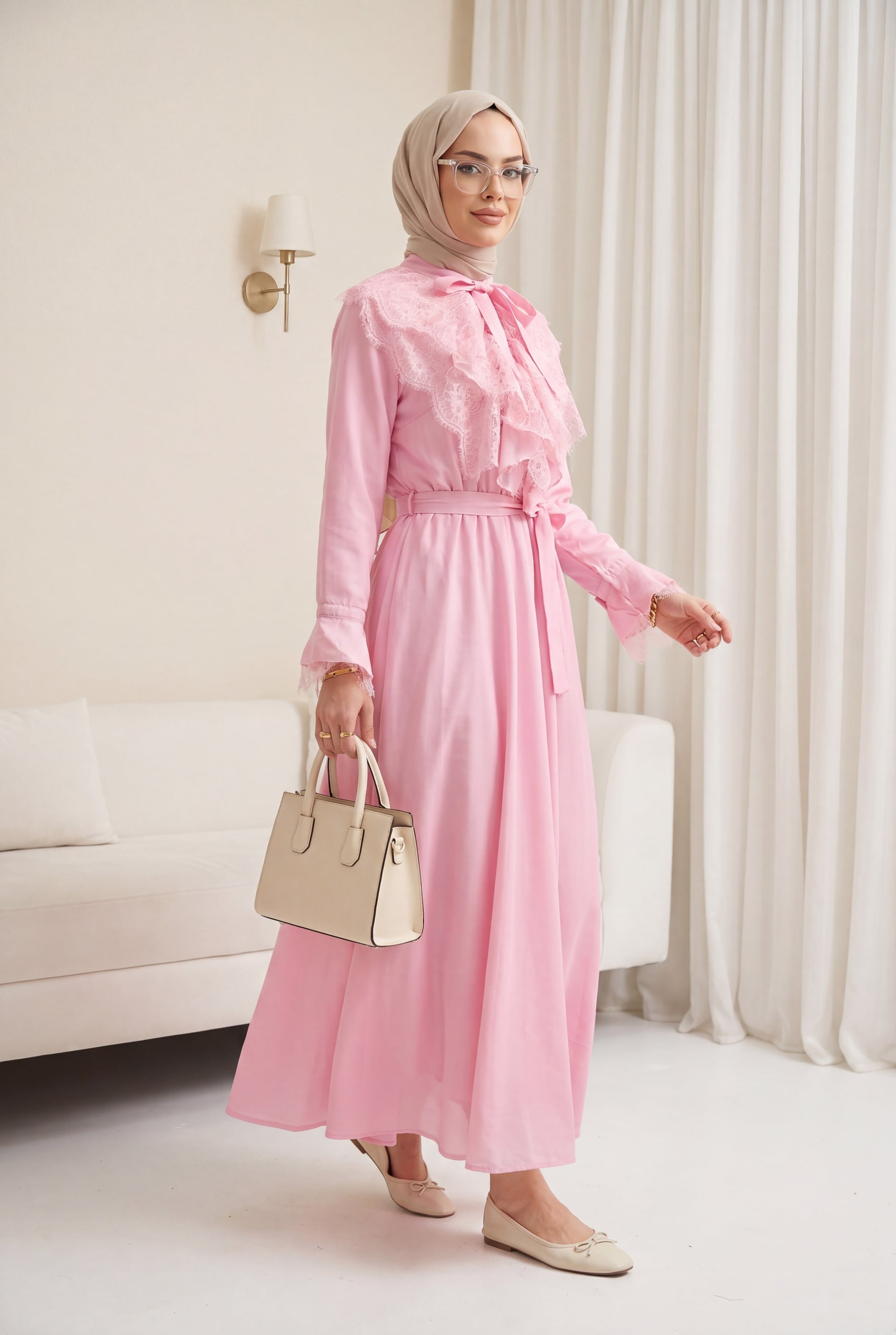Women's Belted Wrap Collar Ruffled Cupro Dress - Pink - Podyumplus - by Peralane