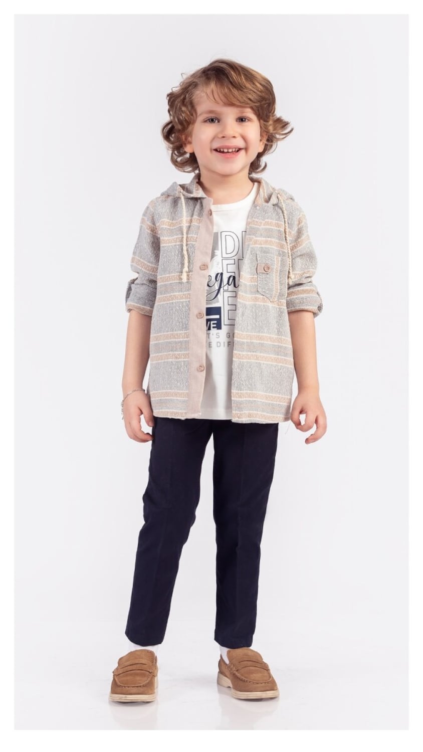 Boys' 4-Piece Shirt, T-Shirt, and Pants Set (5-8 Years) - Grey with Stripes - Lemon - by Peralane