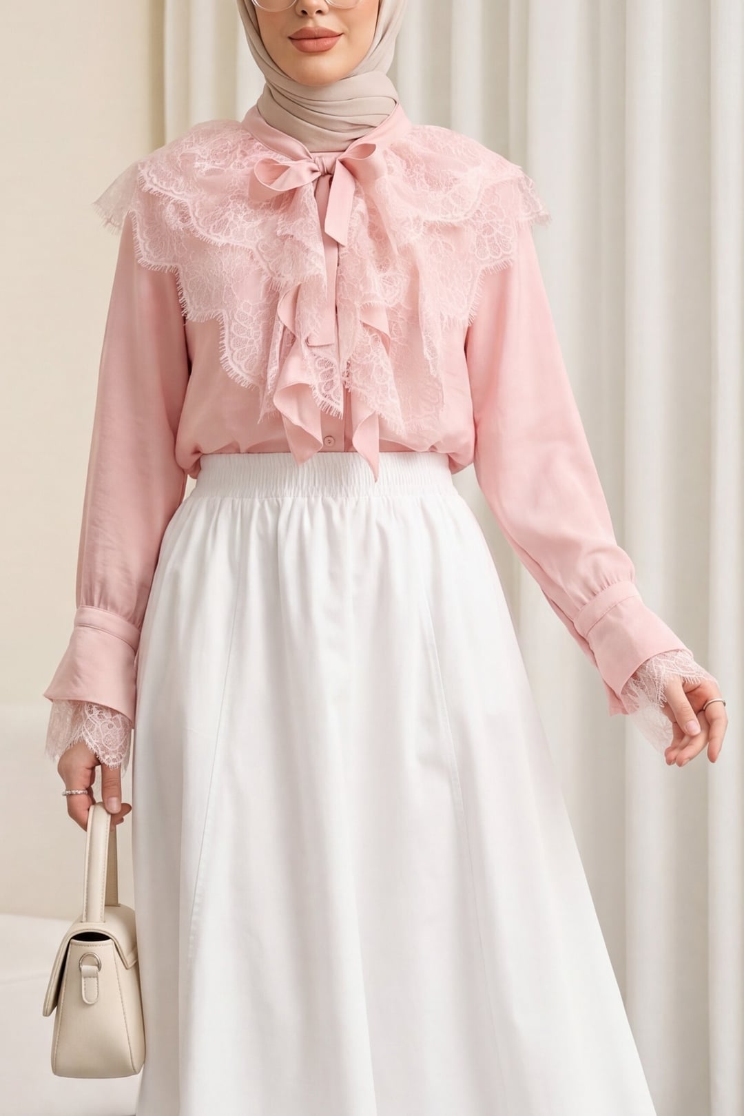 Lace-Trimmed Long-Back Blouse with Tie Neckline - Powder - Podyumplus - by Peralane