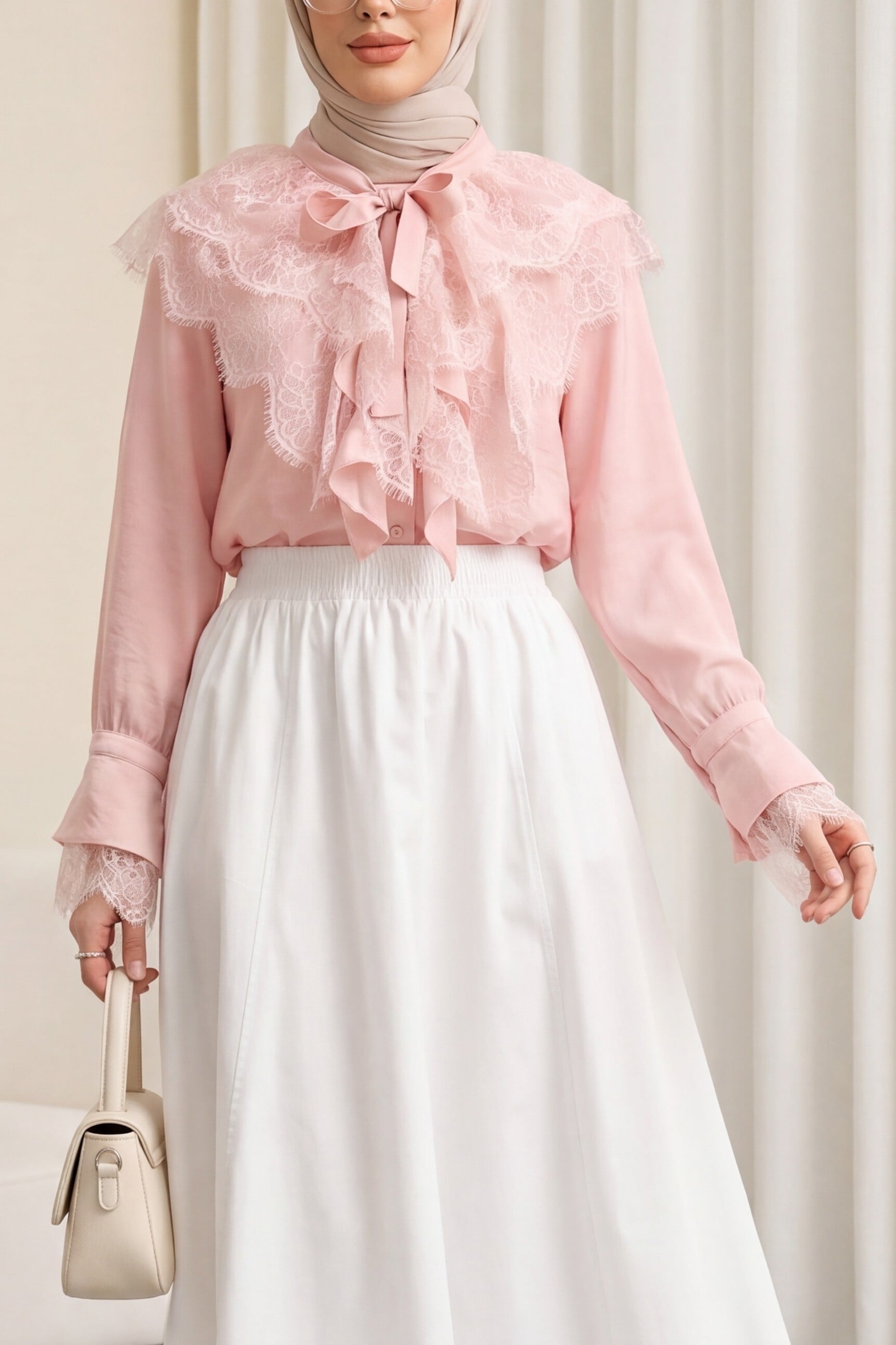 Lace-Trimmed Long-Back Blouse with Tie Neckline - Powder - Podyumplus - by Peralane