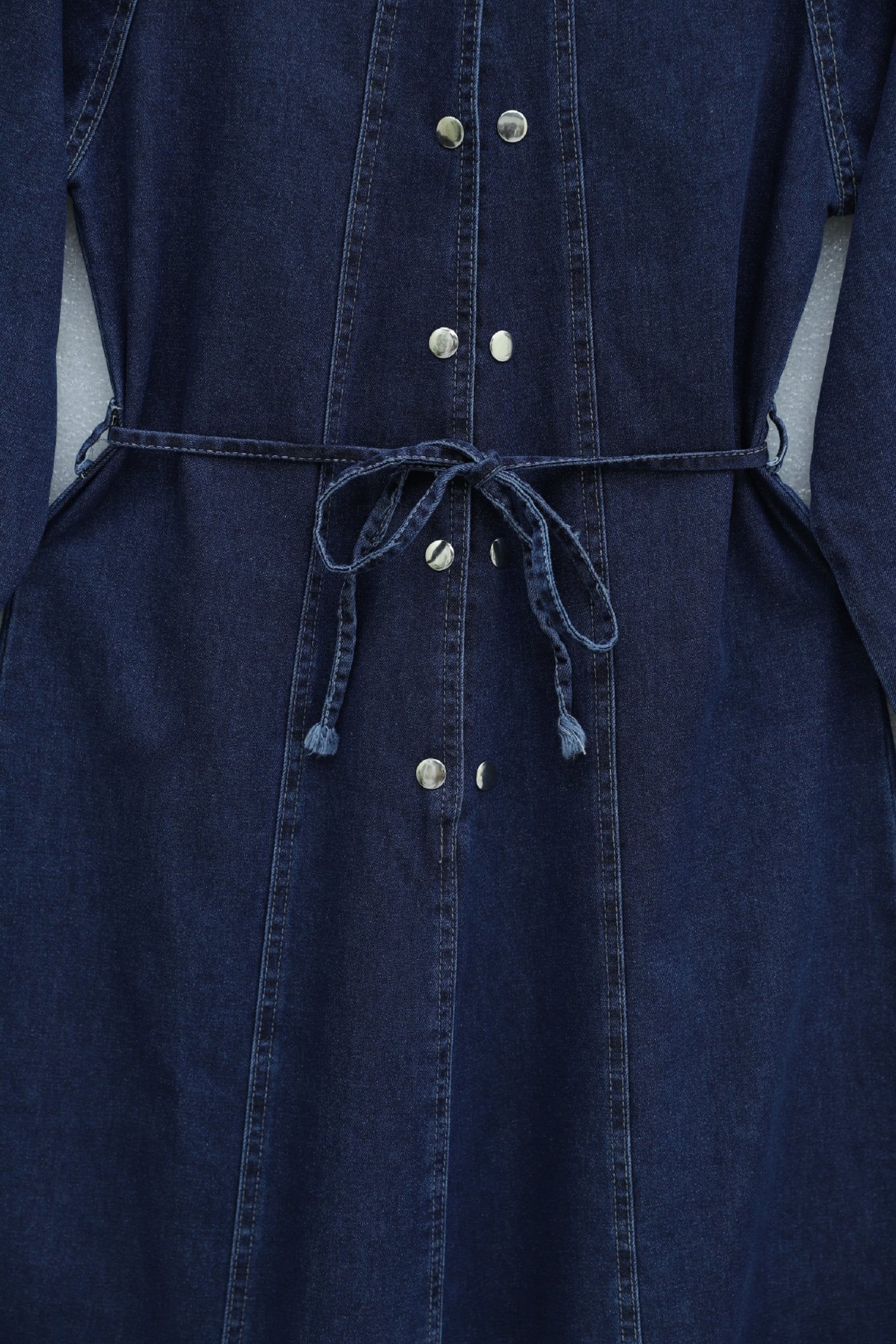Long Denim Dress with Collar and Belt - Navy Blue - Podyumplus - by Peralane - photo 8