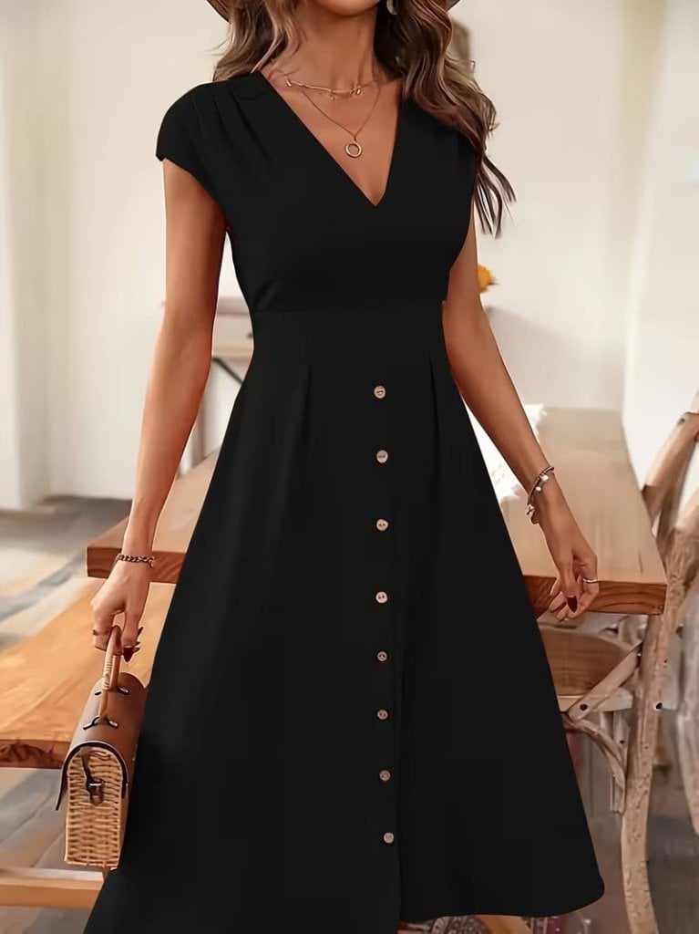 Women's Black Short-Sleeved V-Neck Button-Front Midi Woven Viscose Dress - Janes - by Peralane - photo 2