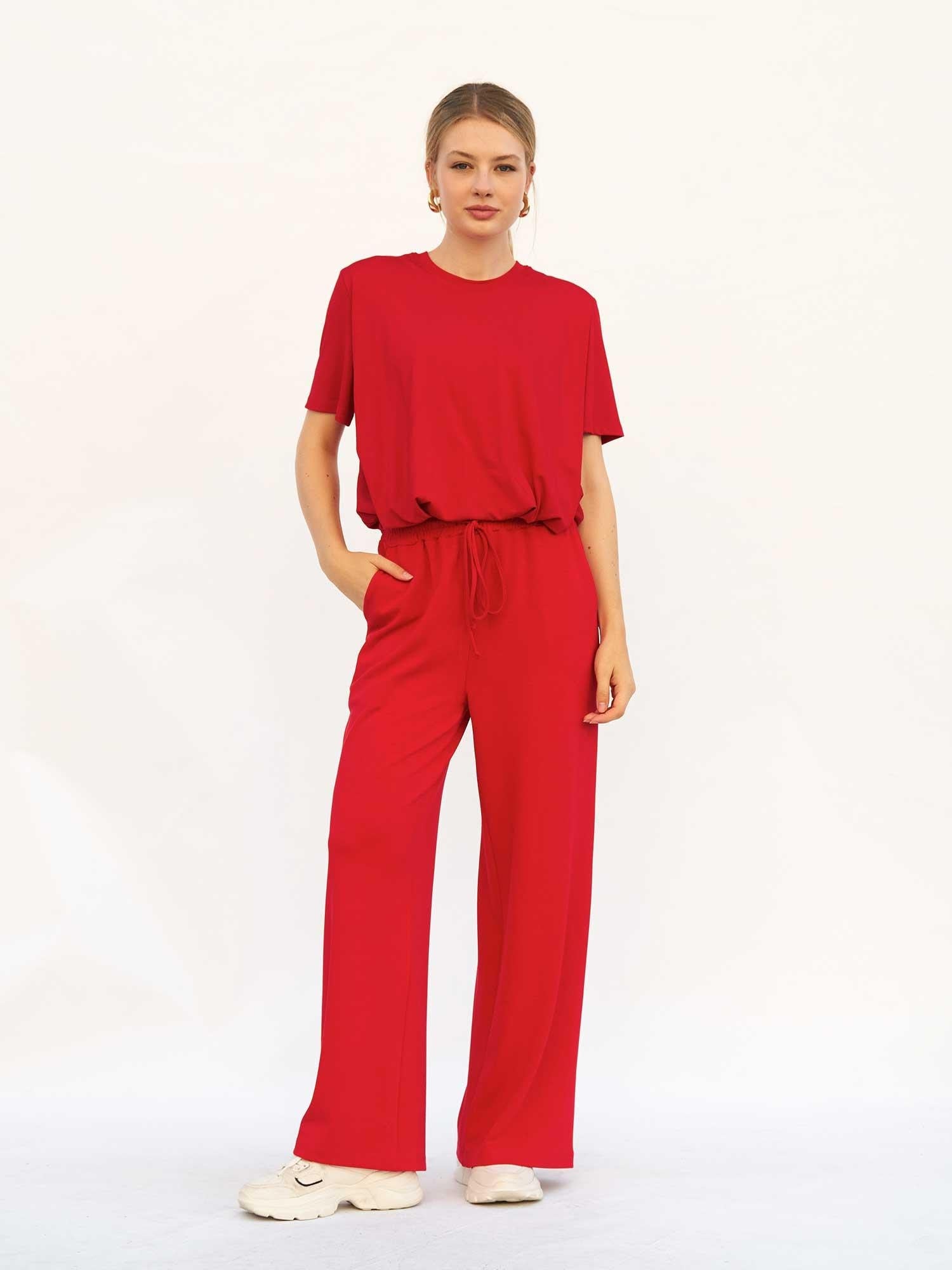 Women's Cotton-Blend Lounge T-Shirt and Trousers Set in Red - Lefon - by Peralane - photo 2