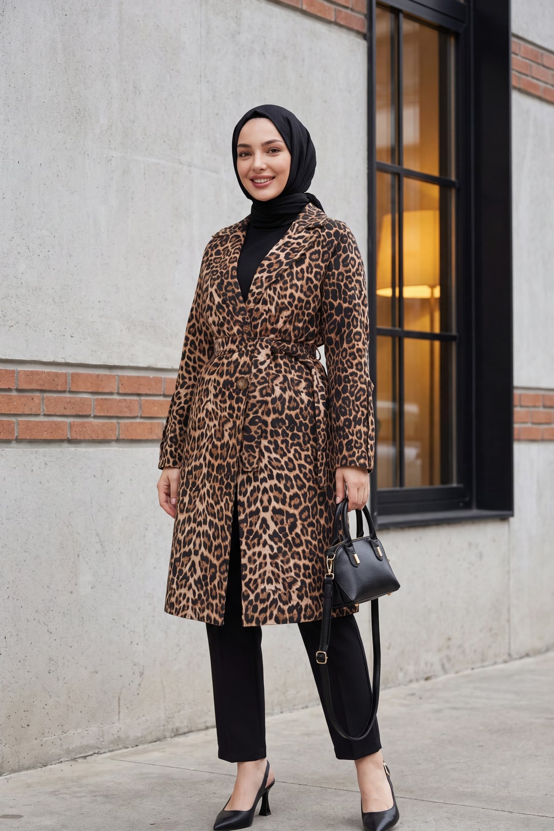 Leopard Print Belted Pocketed Lined Coat - Podyumplus - by Peralane