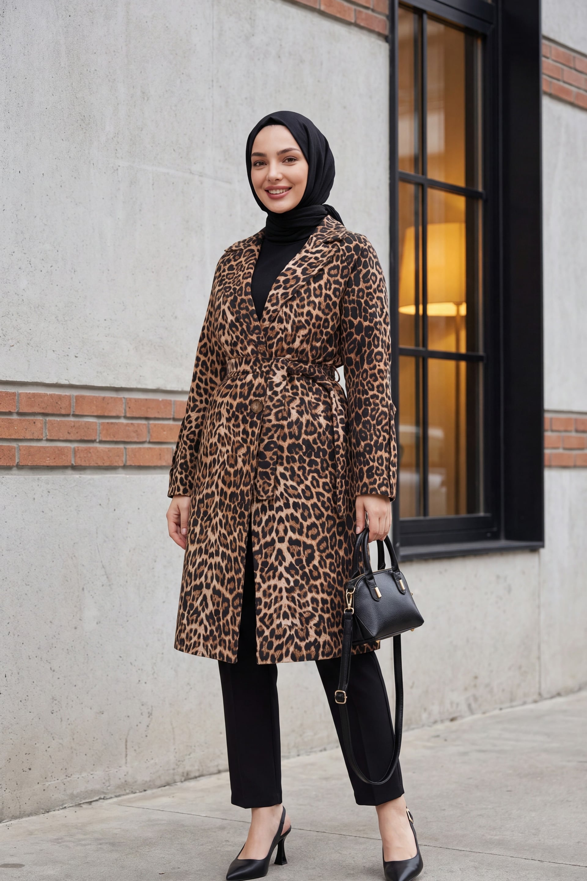 Leopard Print Belted Pocketed Lined Coat - Podyumplus - by Peralane