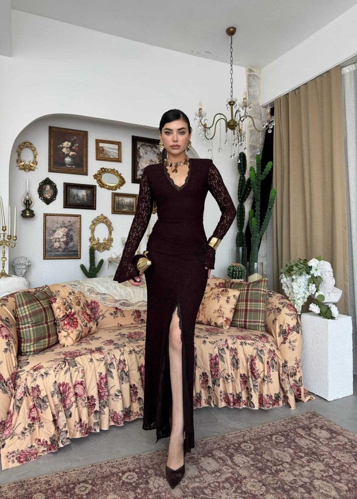 Lace V-Neck Long Dress with Flared Sleeves - Dark Brown - Etika - by Peralane - photo 4