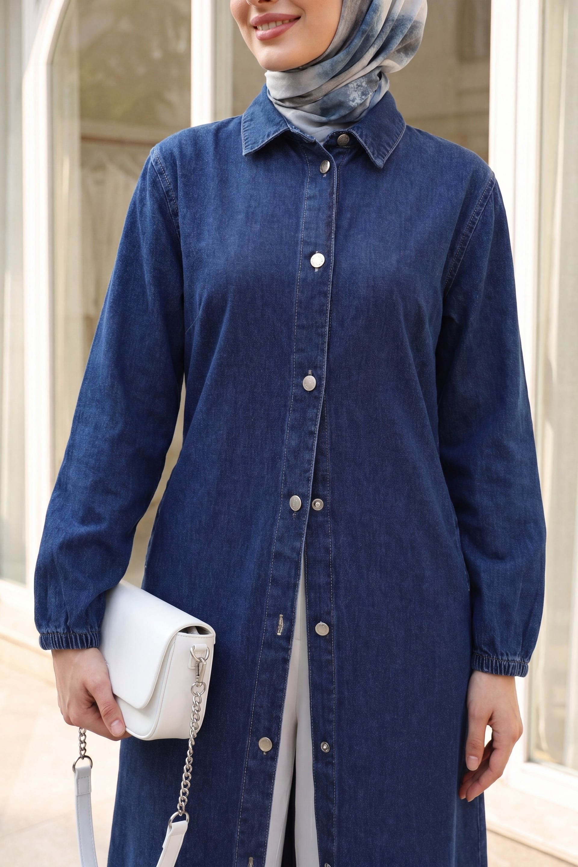 Long-Sleeved Button-Front Denim Dress - Dark Blue - Podyumplus - by Peralane - photo 4