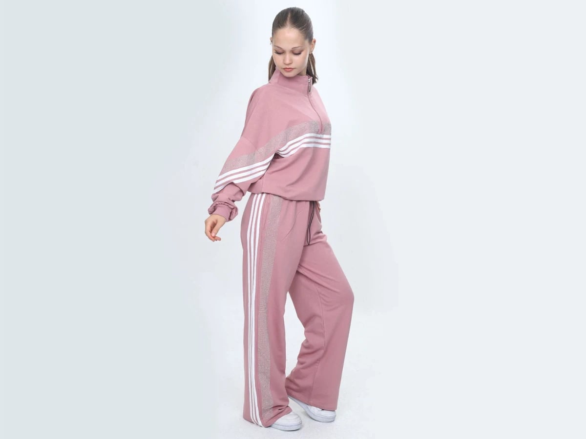 Striped Pattern 2-Piece Girls' Tracksuit Set in Dusty Pink - Vizviz - by Peralane