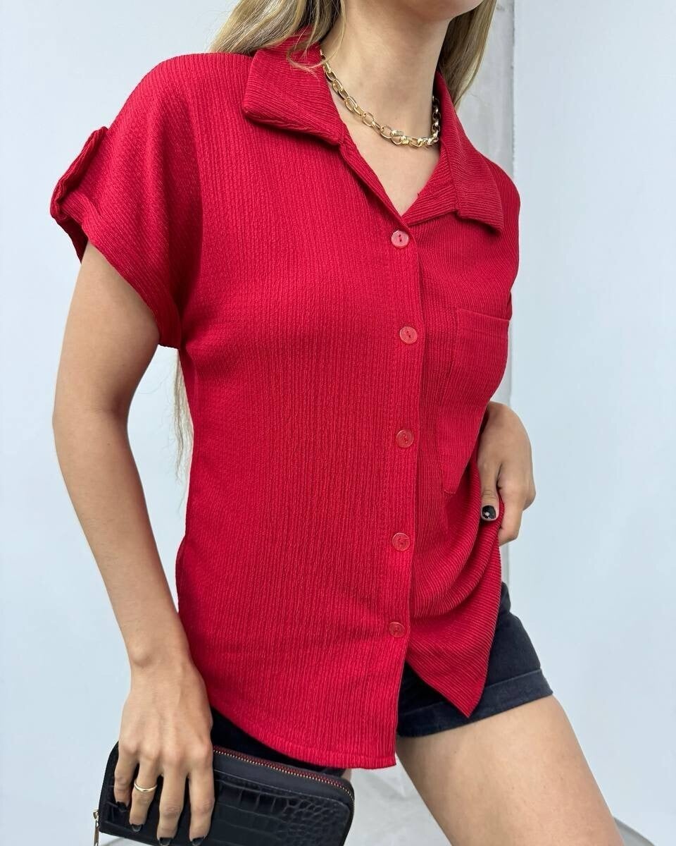 Burgundy Double-Sleeve Crinkle Blouse with Chest Pocket - Podyumplus - by Peralane - photo 4